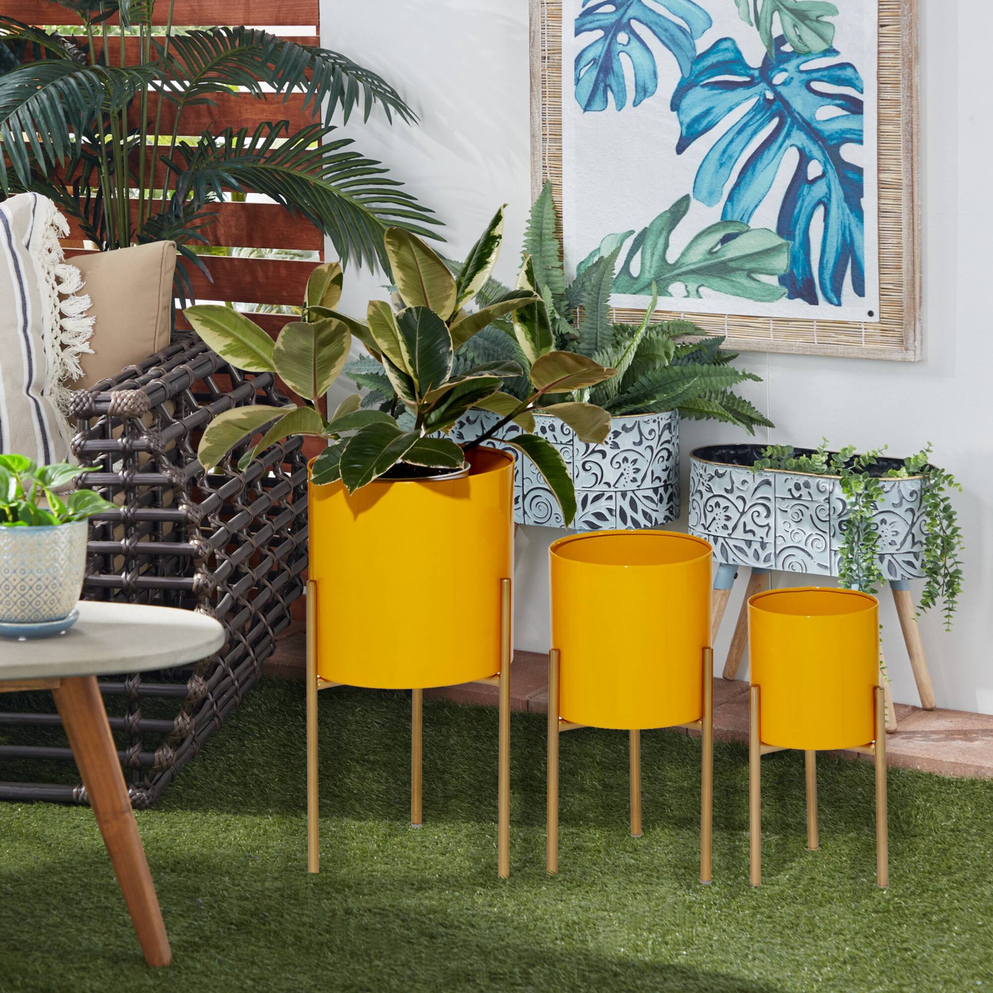 Yellow Metal Contemporary Planter Set